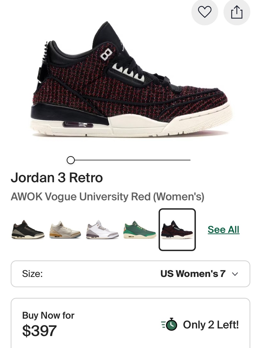 Jordan 3 Retro AWOK Vogue University Red (Women's) Size 5.5